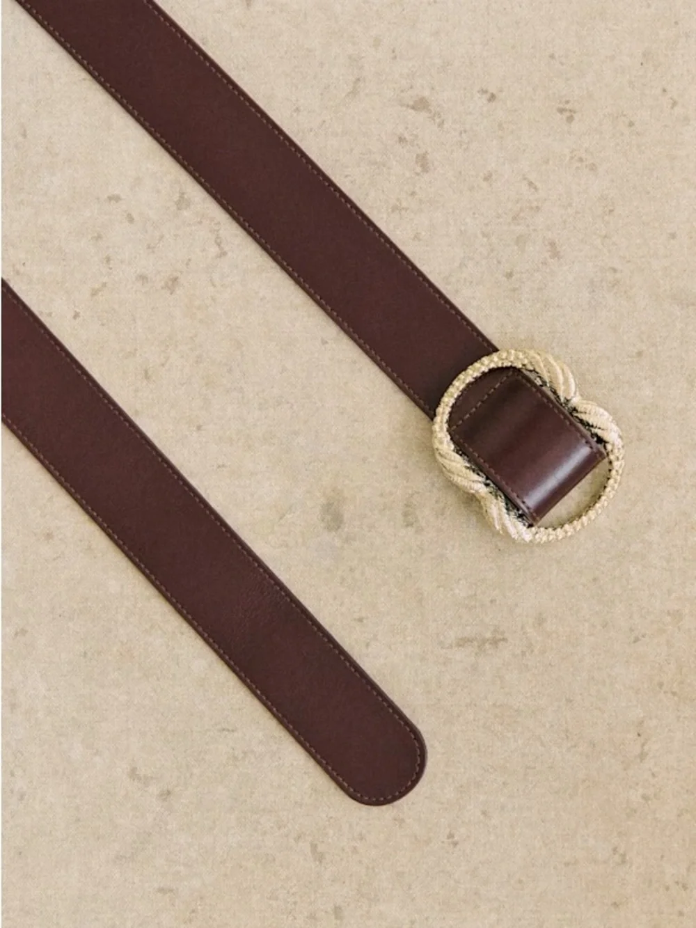 Sezane Artemis Brown Leather Belt with Gold Brass Buckle.